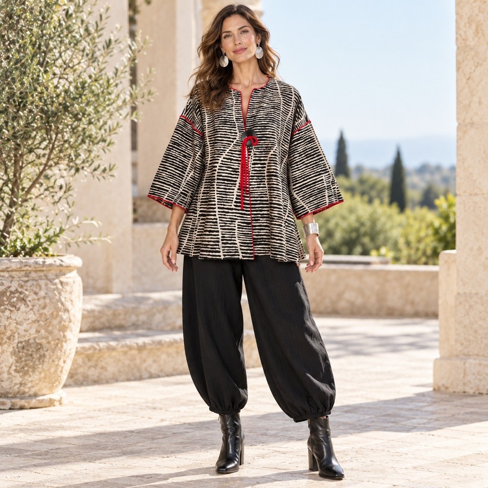 IC Collection Connie K Jacket 2X Black Ivory Stripe Red Trim Lagenlook Art $178